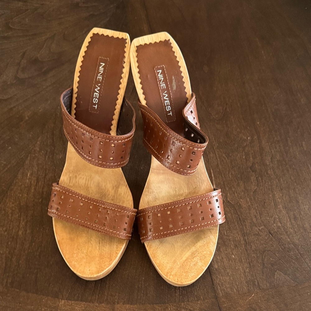 Nine West Brown Perforated Double-Strap Leather Mules